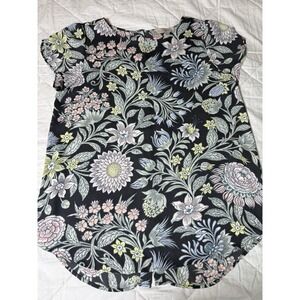LOFT Floral Button Front Blouse Women's‎ Small Black Multi Cap Sleeve